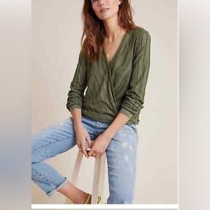Anthropologie Maeve Faux Wrap Snap Front Long sleeve‎ Blouse Olive Green F7